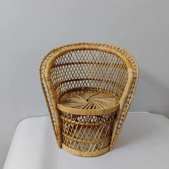 Vintage Other - Vintage Wicker Peacock Doll Chair, Rattan Plant Stand, Hippie Boho Fan Back